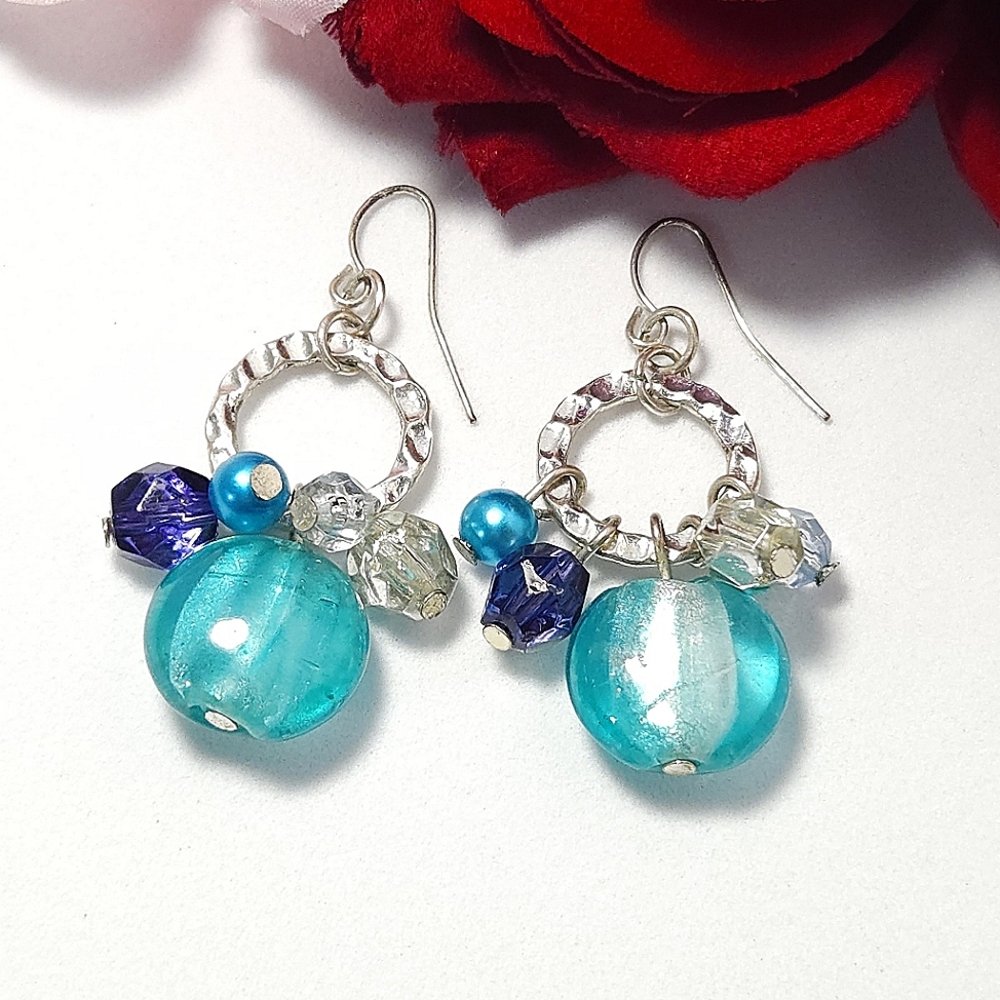 Handmade Silver Blue Glass Beaded Cluster Dangle Earrings